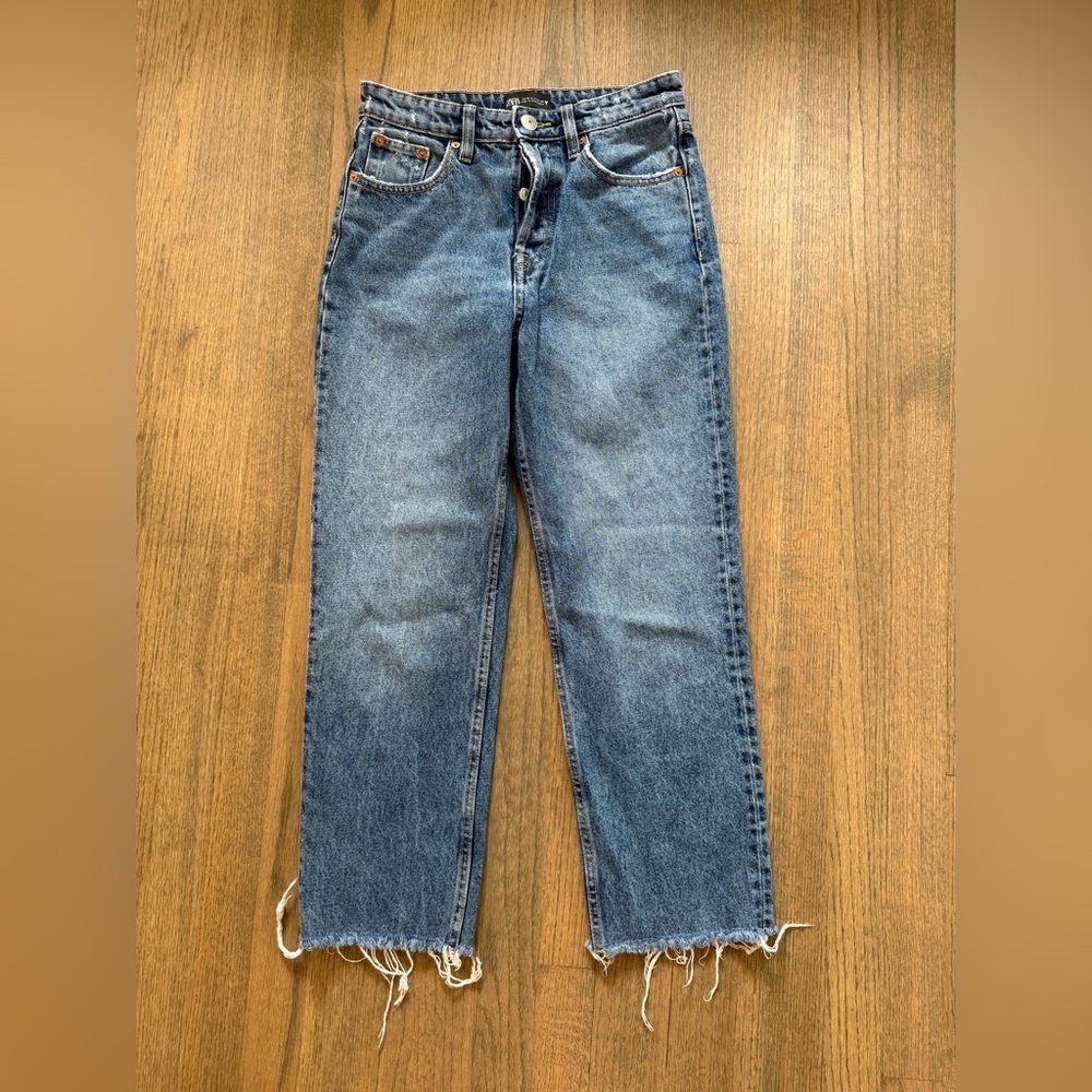 Zara Join Life Straight Jeans with Frayed Hem-Size 4